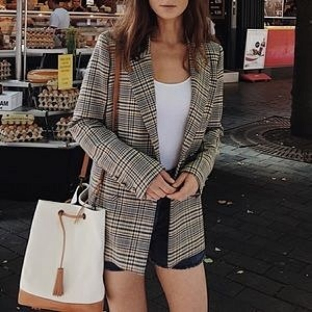 & Other Stories Plaid Houndstooth Plaid Oversized Long Line Wool Blazer